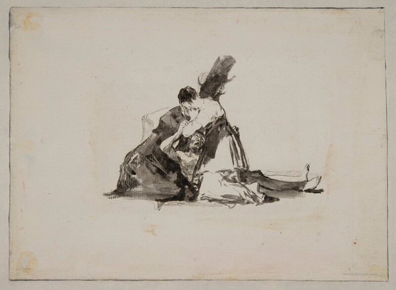 Mujer llorando arrodillada al lado de un hombre moribundo