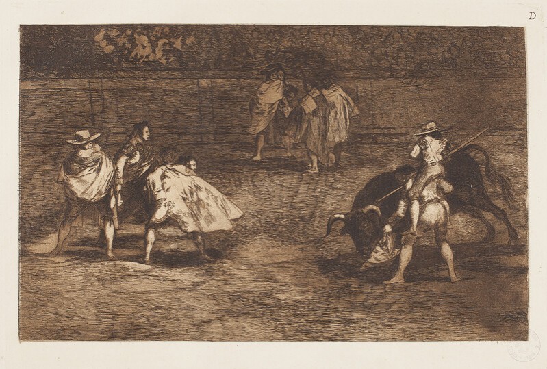 Varilarguero a hombros de un chulo, picando a un toro (Tauromaquia D) 