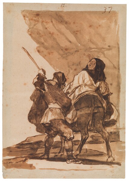 Hombre pegando a una mula montada por un monje (F.37)